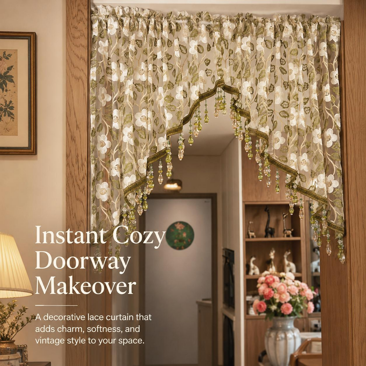 🌸Embroidered Lace Doorway Curtain – Romantic Floral Beaded Sheer Panels
