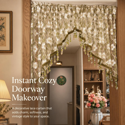🌸Embroidered Lace Doorway Curtain – Romantic Floral Beaded Sheer Panels