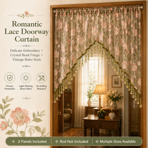 🌸Embroidered Lace Doorway Curtain – Romantic Floral Beaded Sheer Panels
