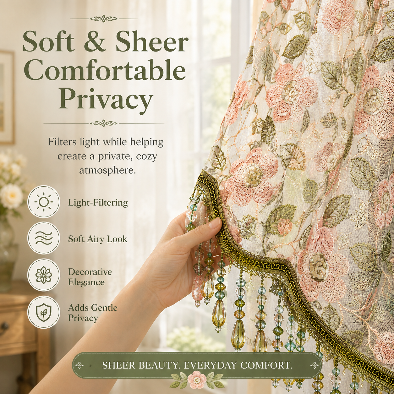 🌸Embroidered Lace Doorway Curtain – Romantic Floral Beaded Sheer Panels