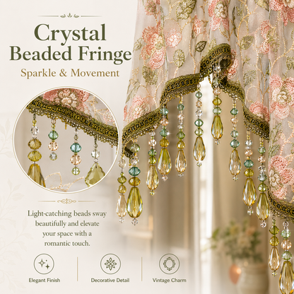 🌸Embroidered Lace Doorway Curtain – Romantic Floral Beaded Sheer Panels
