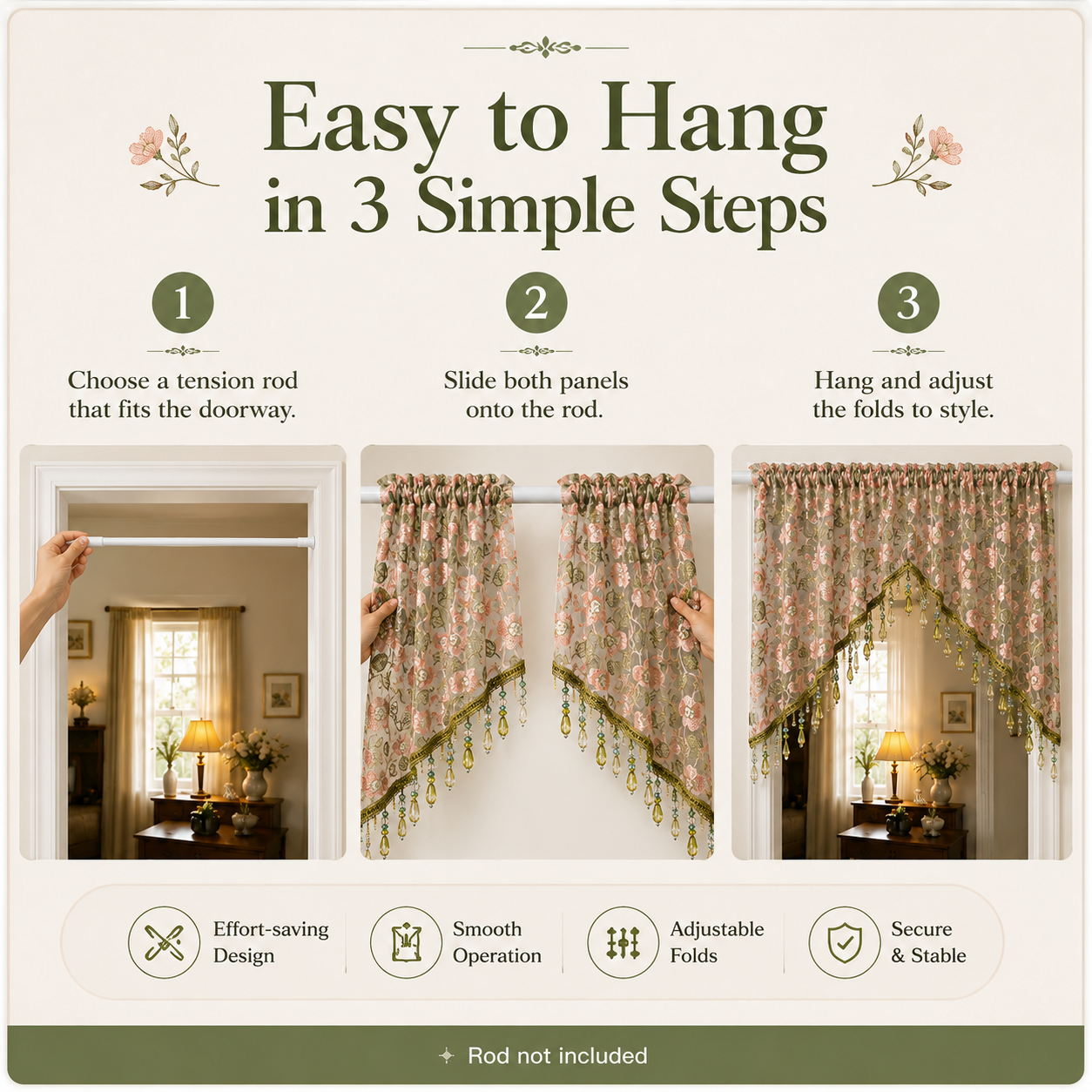 🌸Embroidered Lace Doorway Curtain – Romantic Floral Beaded Sheer Panels