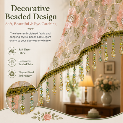 🌸Embroidered Lace Doorway Curtain – Romantic Floral Beaded Sheer Panels