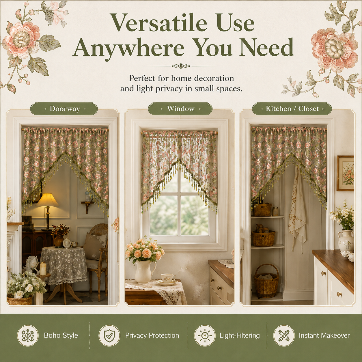 🌸Embroidered Lace Doorway Curtain – Romantic Floral Beaded Sheer Panels