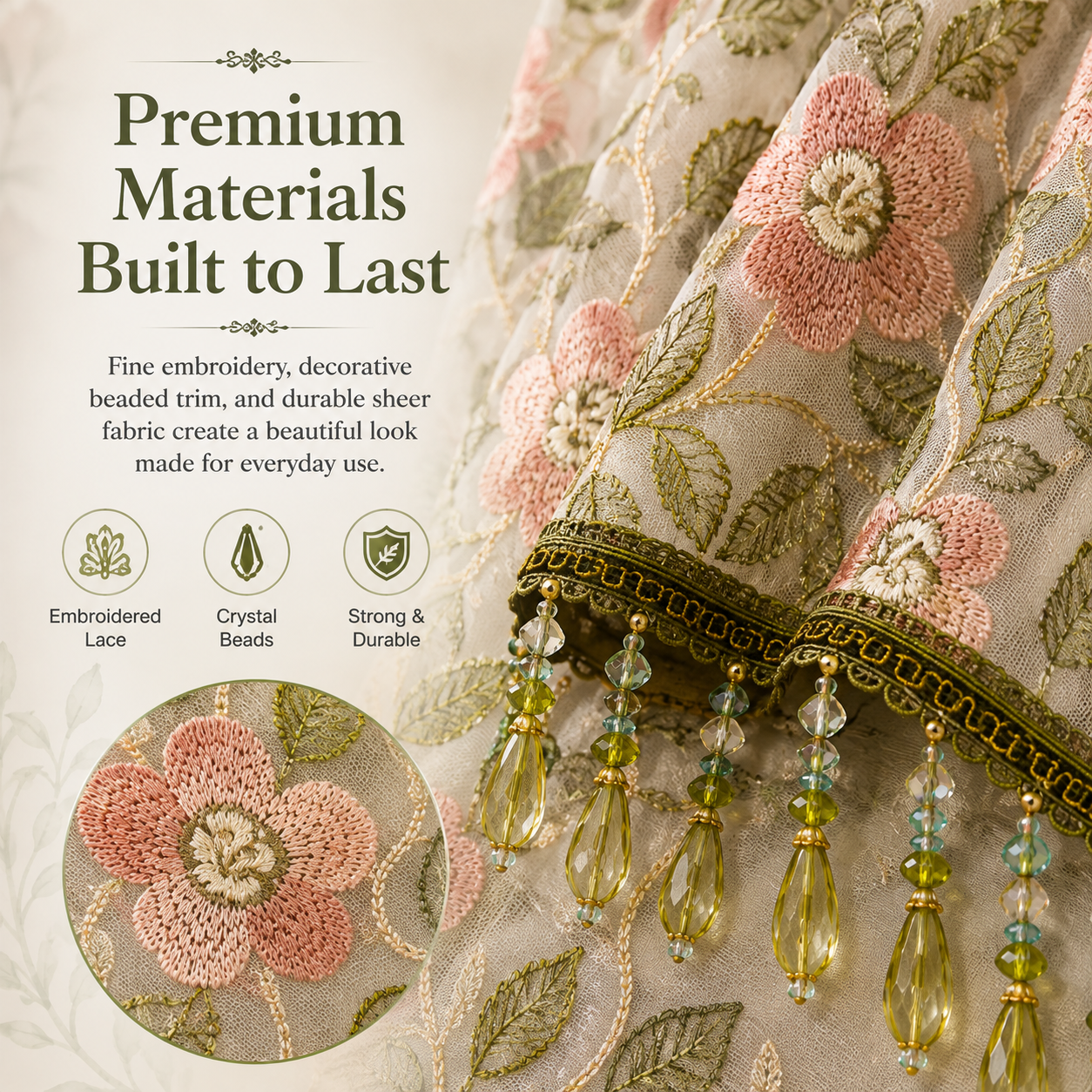 🌸Embroidered Lace Doorway Curtain – Romantic Floral Beaded Sheer Panels