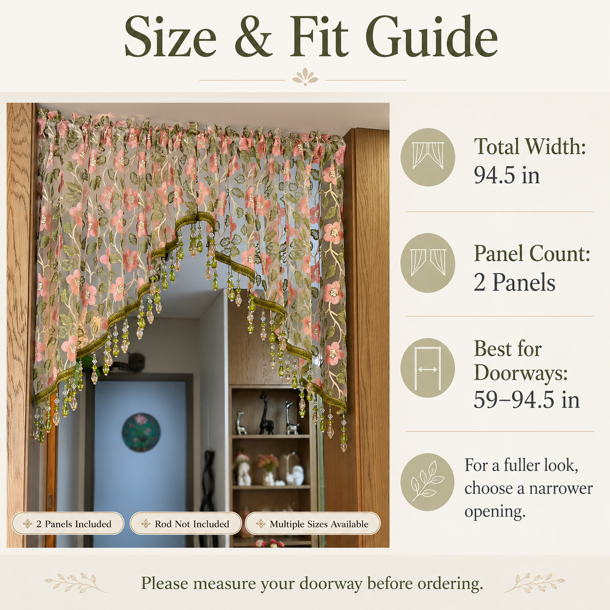 🌸Embroidered Lace Doorway Curtain – Romantic Floral Beaded Sheer Panels