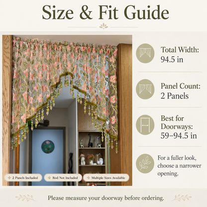 🌸Embroidered Lace Doorway Curtain – Romantic Floral Beaded Sheer Panels