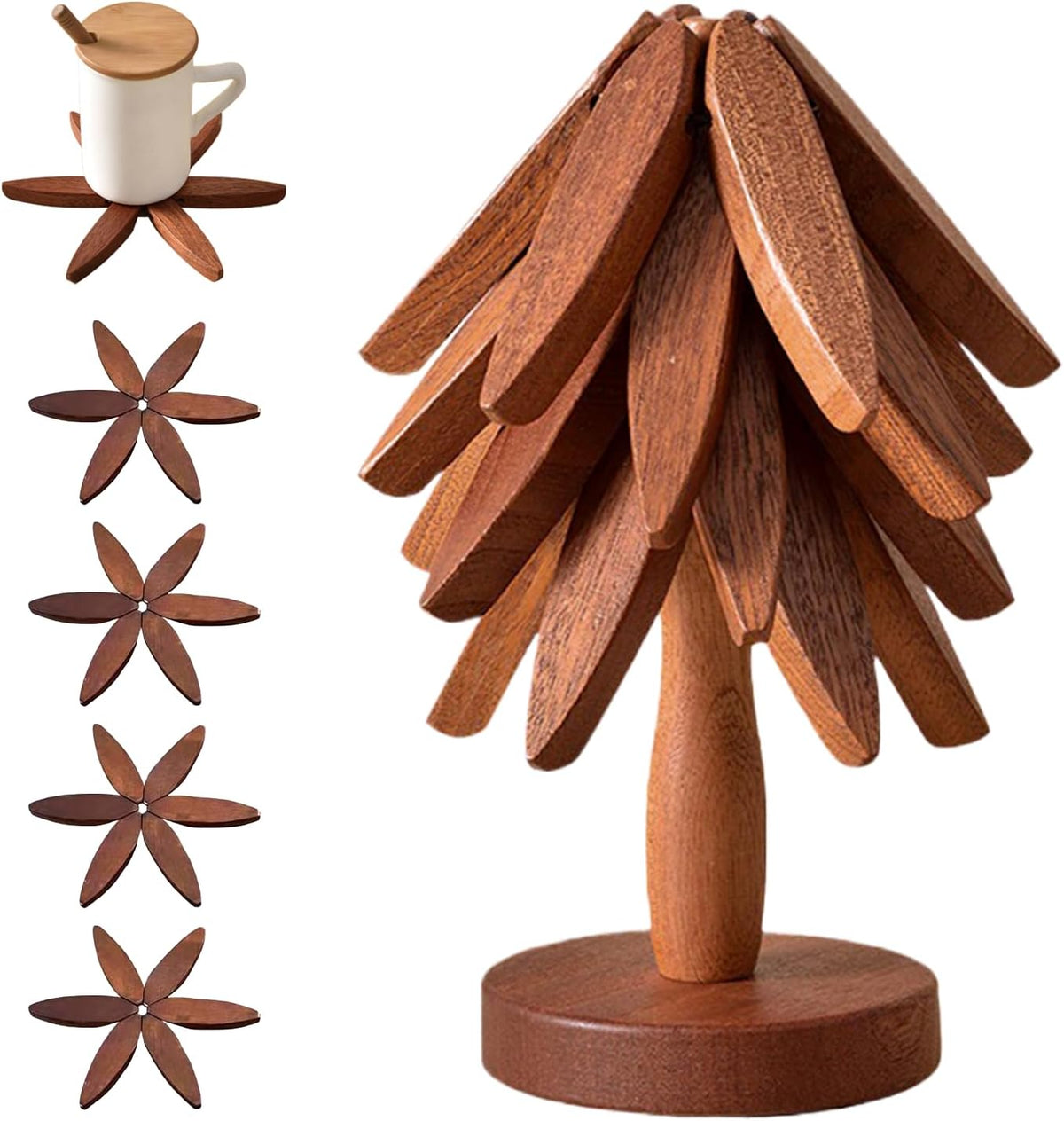 🌺Last Day 49% OFF🎅Natural Tree Trivet Set - 4 Wooden Trivets & 1 Stand Like a Christmas Tree