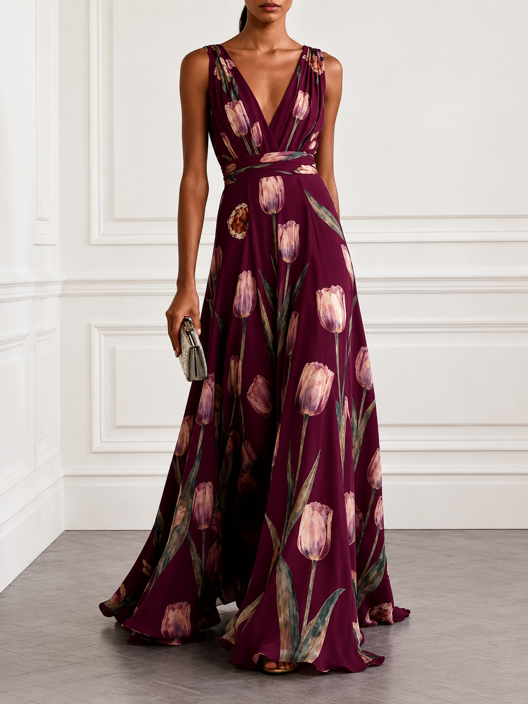 Floral Print Deep V-Neck Maxi Dress