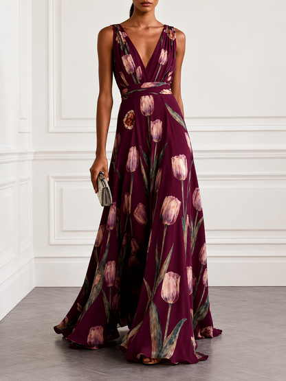 Floral Print Deep V-Neck Maxi Dress