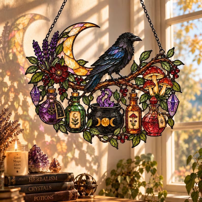 🔥Last Day 50% OFF – 🖤 🐦‍⬛Raven Witch Suncatcher