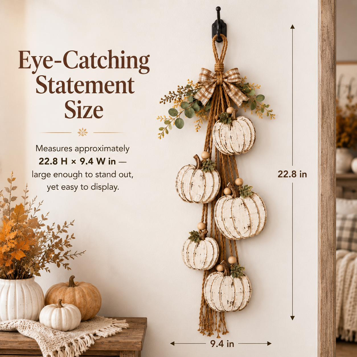 Rustic White Pumpkin Hanging Swag – 5-Pumpkin Fall Door & Wall Decoration for Farmhouse Autumn Decor