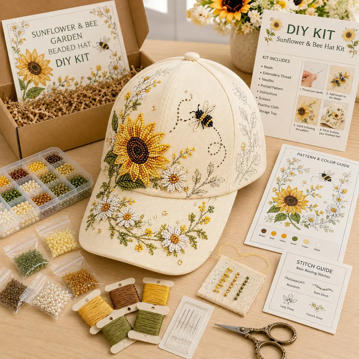 🧢✨ Premium Hummingbird Garden Beaded Hat DIY Kit | Luxury Flocked Canvas with Scratch-Resistant Non-Fading Pearl Beads DIY Handmade Floral Cap Decor 🌿