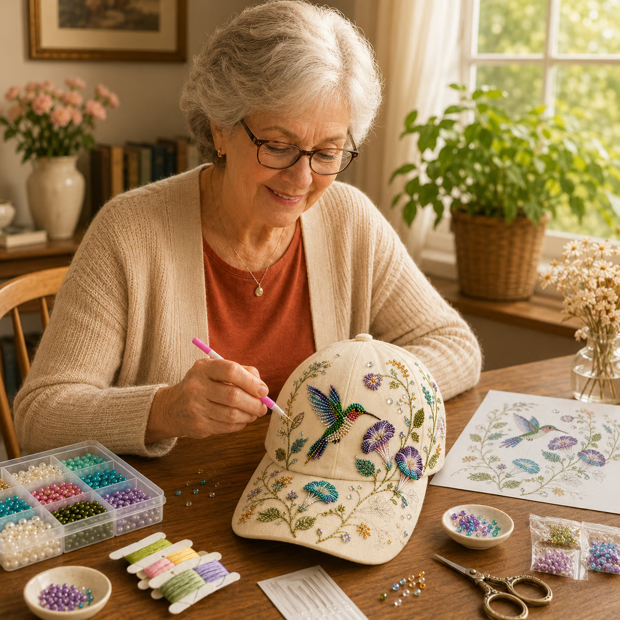 🧢✨ Premium Hummingbird Garden Beaded Hat DIY Kit | Luxury Flocked Canvas with Scratch-Resistant Non-Fading Pearl Beads DIY Handmade Floral Cap Decor 🌿