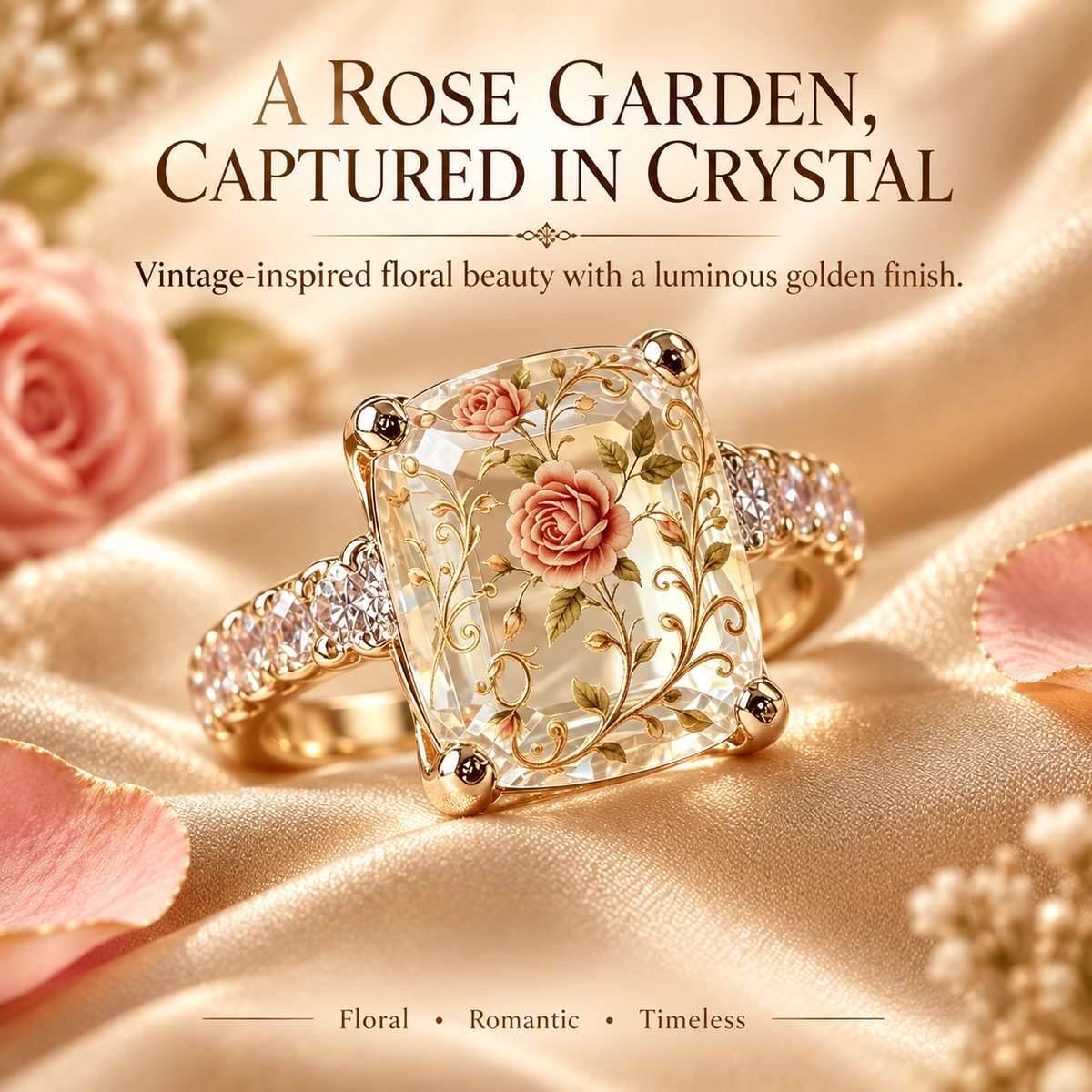 Vintage Rose Floral Statement Ring | Gold-Tone Band, US Sizes 6-10