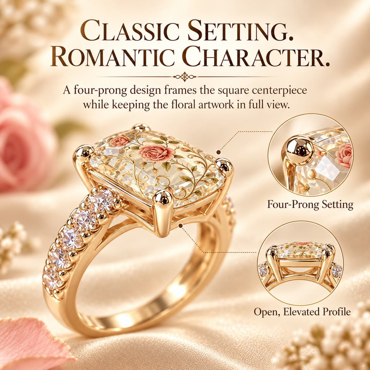 Vintage Rose Floral Statement Ring | Gold-Tone Band, US Sizes 6-10