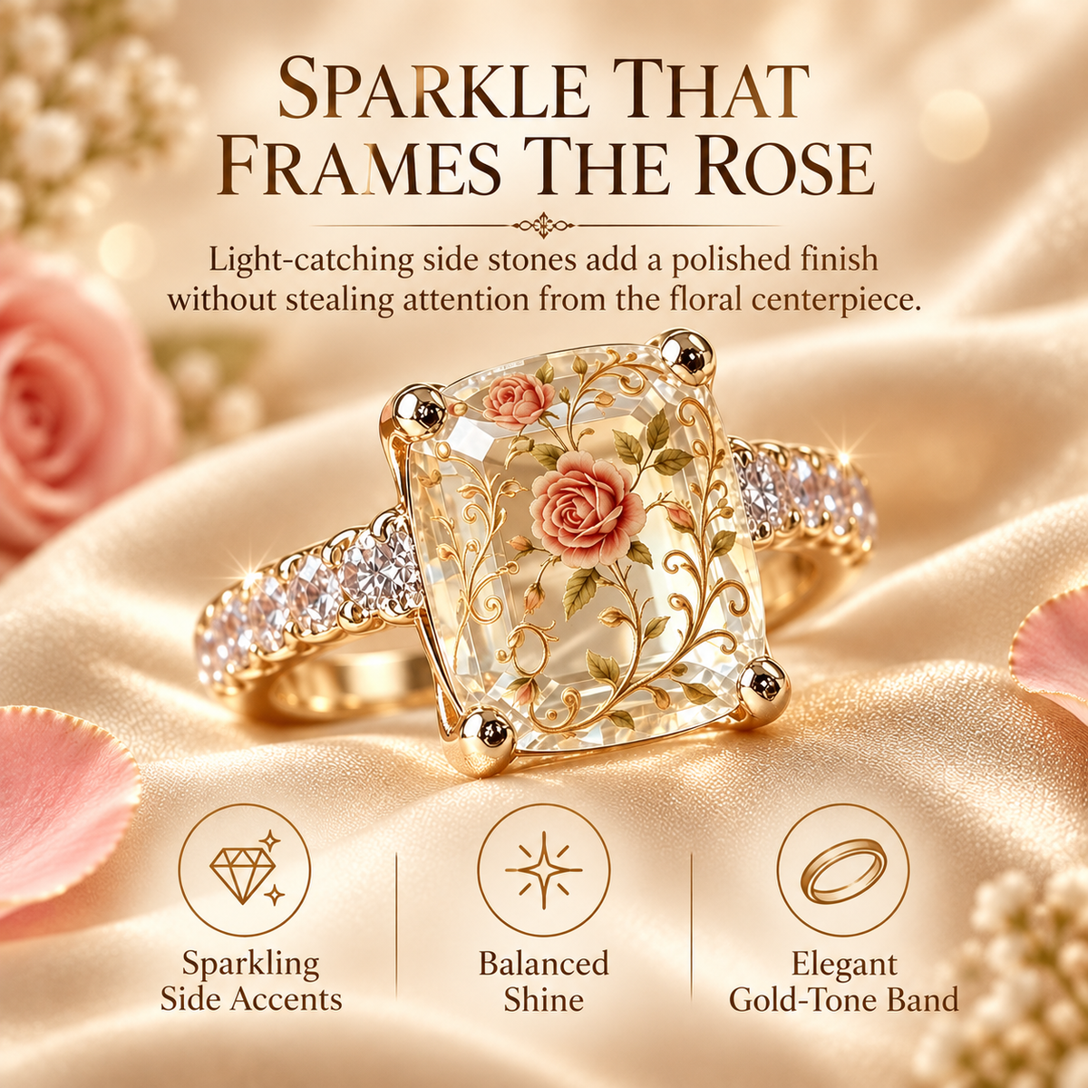 Vintage Rose Floral Statement Ring | Gold-Tone Band, US Sizes 6-10