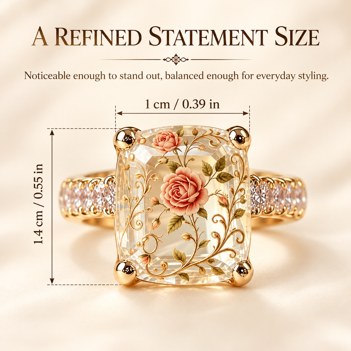 Vintage Rose Floral Statement Ring | Gold-Tone Band, US Sizes 6-10