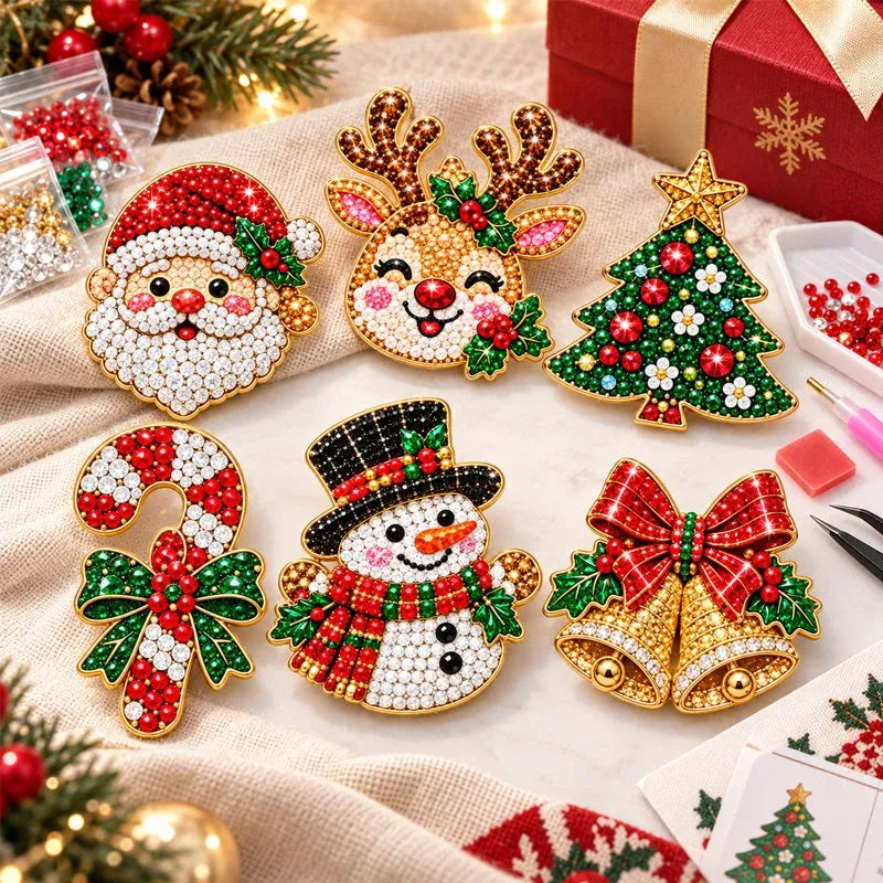 🎄 DIY Diamond Painting Christmas Brooch Kit — 6-Piece Make & Wear Craft Set ✨