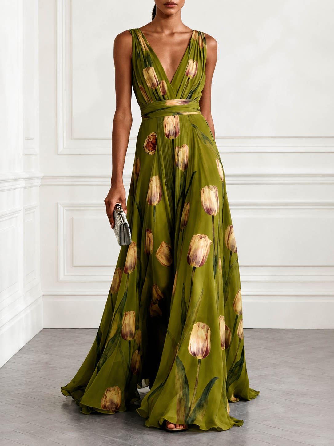 Floral Print Deep V-Neck Maxi Dress