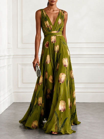Floral Print Deep V-Neck Maxi Dress