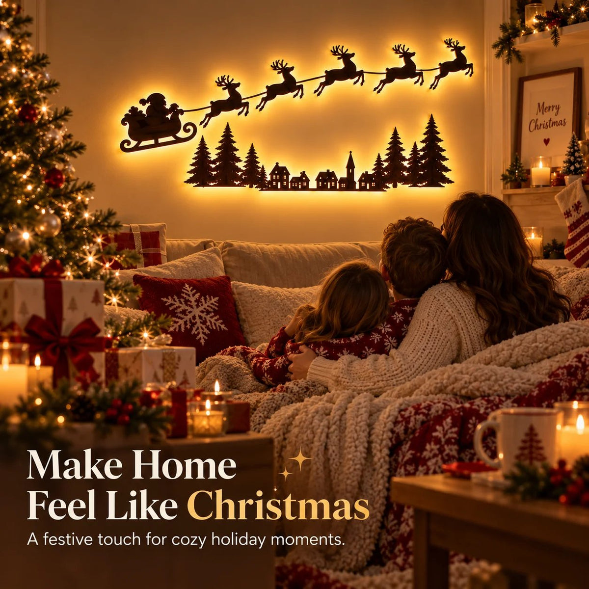 ✨ Illuminated Santa & Reindeer Silhouette LED Christmas Wall Light 🦌