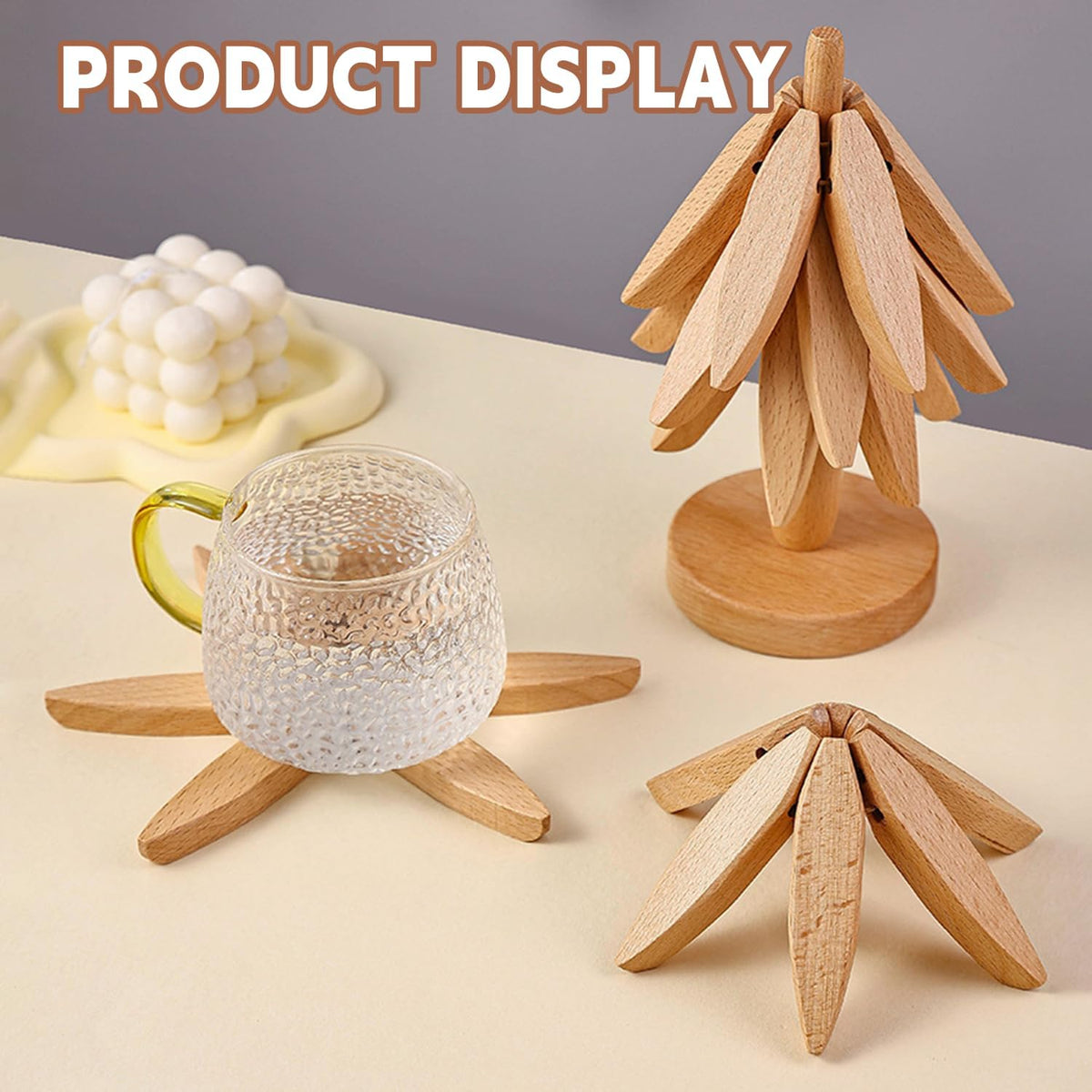 🌺Last Day 49% OFF🎅Natural Tree Trivet Set - 4 Wooden Trivets & 1 Stand Like a Christmas Tree