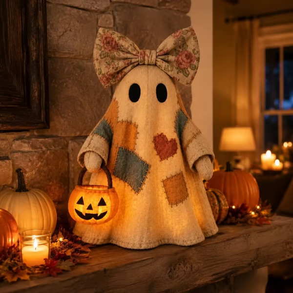 🍂👻 Lighted Vintage Patchwork Ghost🎃