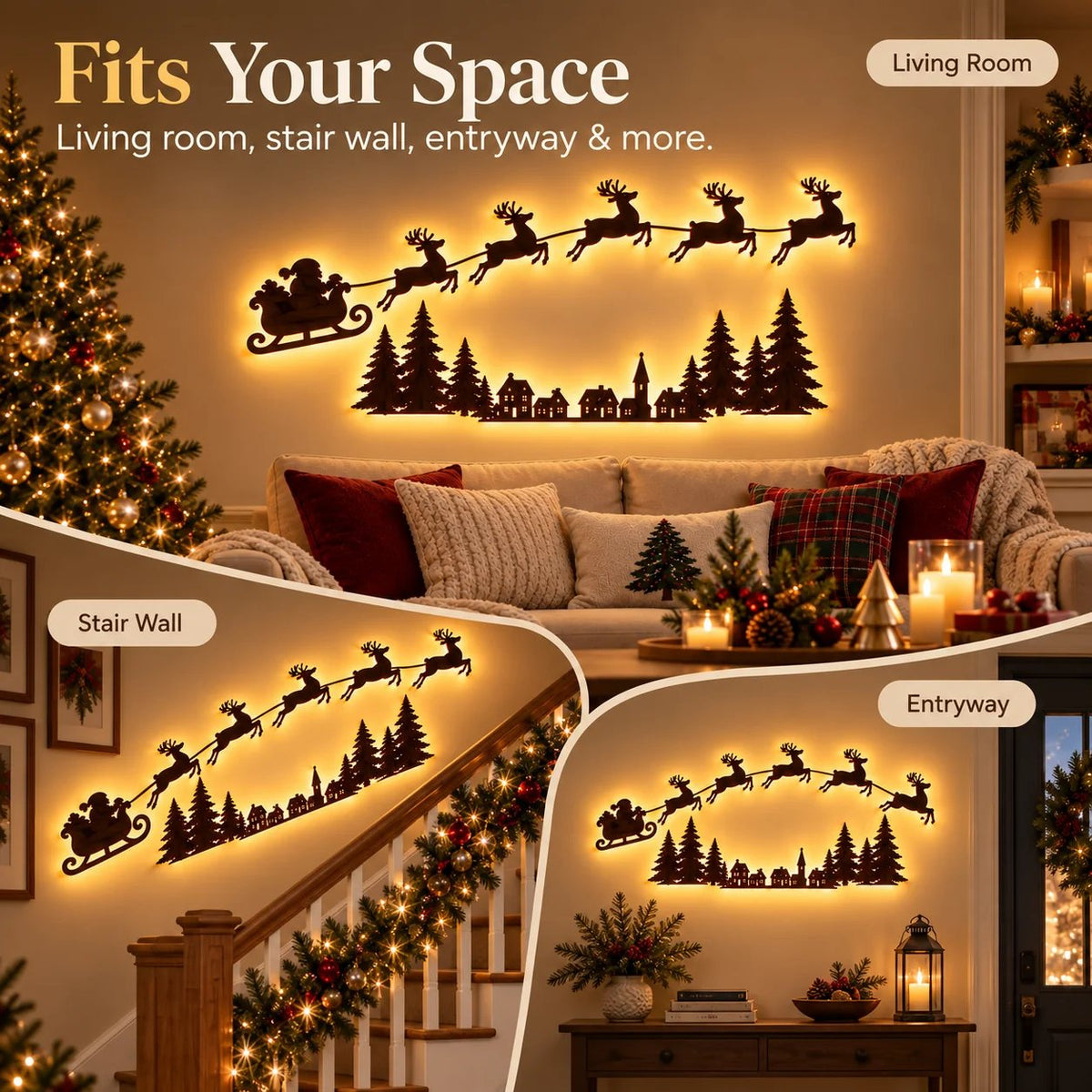 ✨ Illuminated Santa & Reindeer Silhouette LED Christmas Wall Light 🦌
