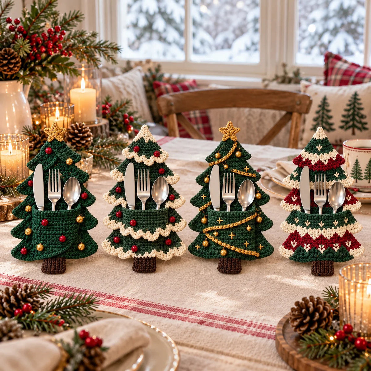 🧶 Holiday Celebration 50% OFF ✨-🎄 4 Cute Crochet Christmas Tree Cutlery Holder Patterns 🎁