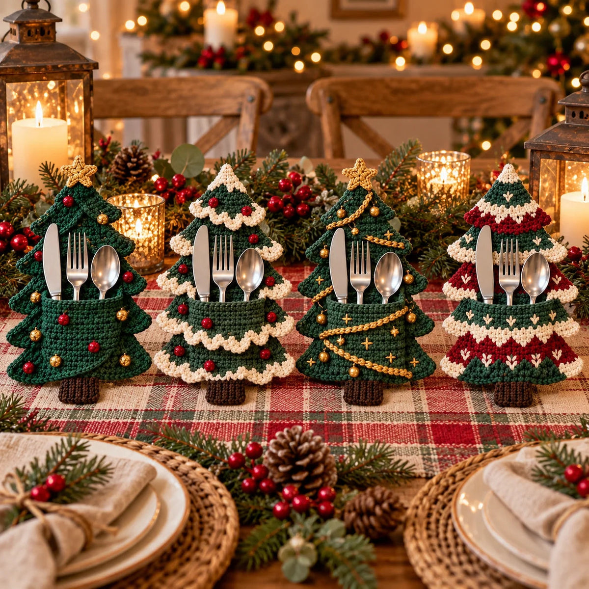 🧶 Holiday Celebration 50% OFF ✨-🎄 4 Cute Crochet Christmas Tree Cutlery Holder Patterns 🎁