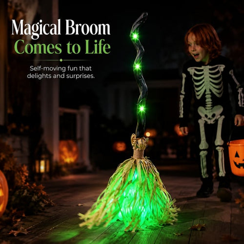 🎃🧹Halloween Animated Moving Witch Broom⭐Light‑Sound‑Motion