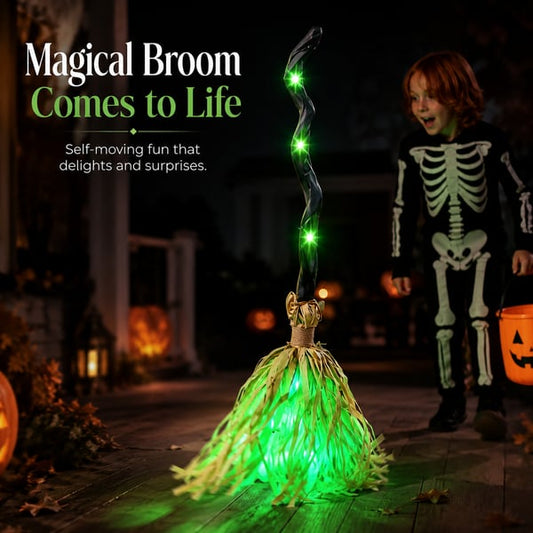 🎃🧹Halloween Animated Moving Witch Broom⭐Light‑Sound‑Motion