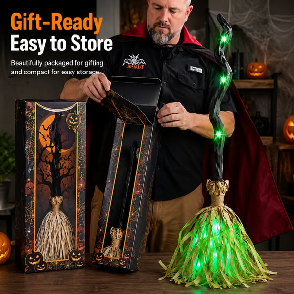 🎃🧹Halloween Animated Moving Witch Broom⭐Light‑Sound‑Motion