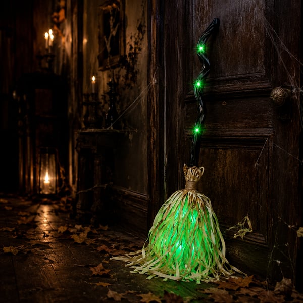 🎃🧹Halloween Animated Moving Witch Broom⭐Light‑Sound‑Motion