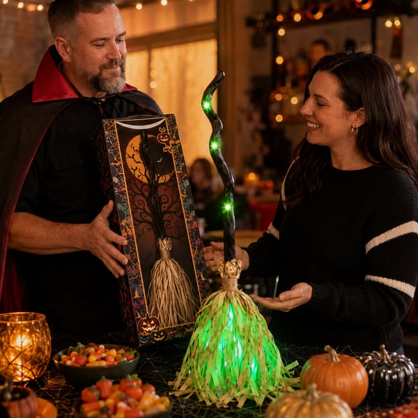 🎃🧹Halloween Animated Moving Witch Broom⭐Light‑Sound‑Motion