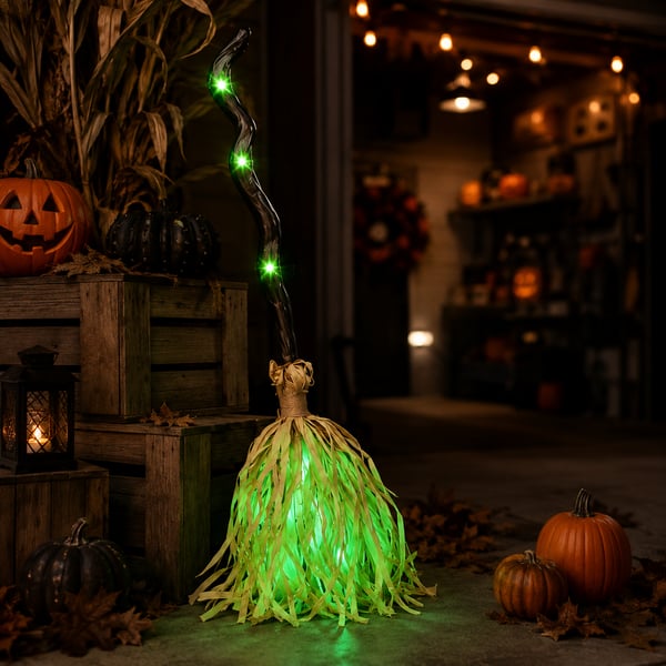 🎃🧹Halloween Animated Moving Witch Broom⭐Light‑Sound‑Motion