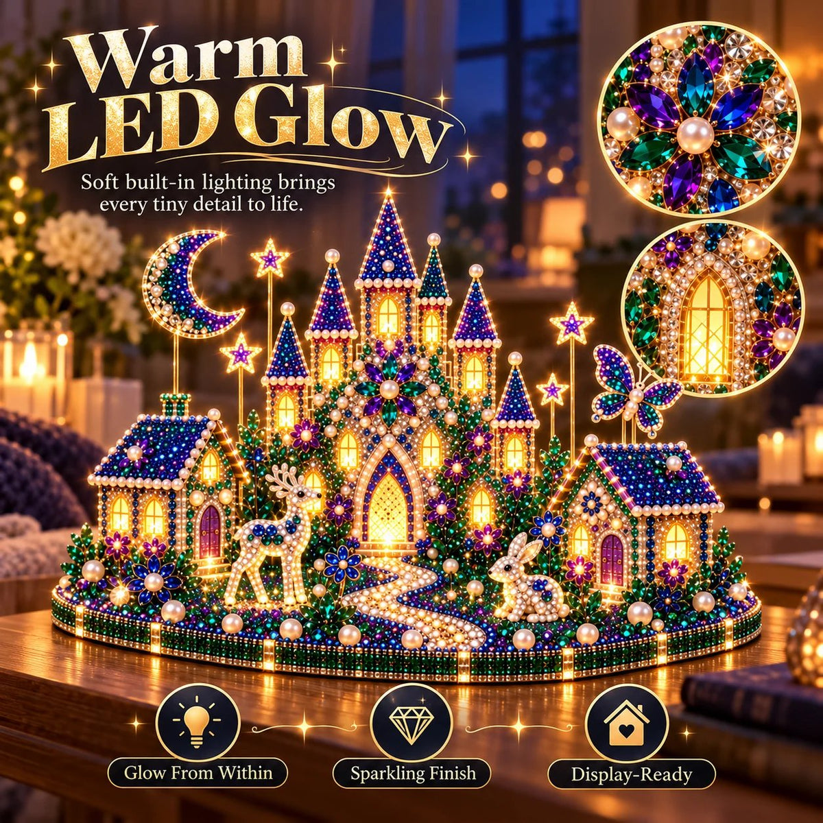 Crystal art castle illuminated with warm LED lighting