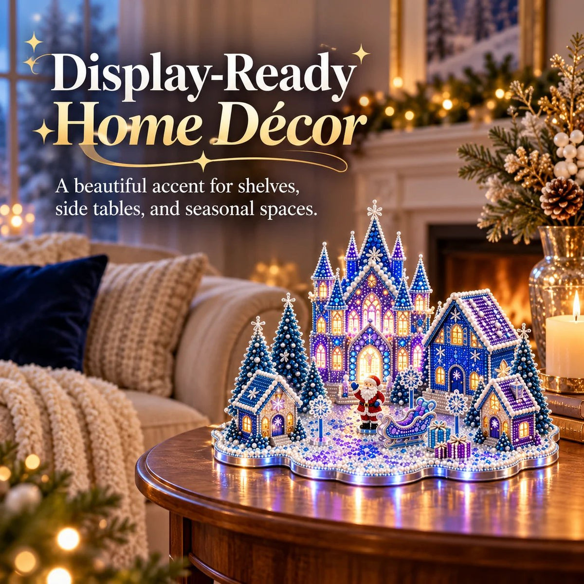 Illuminated crystal winter village displayed on a side table