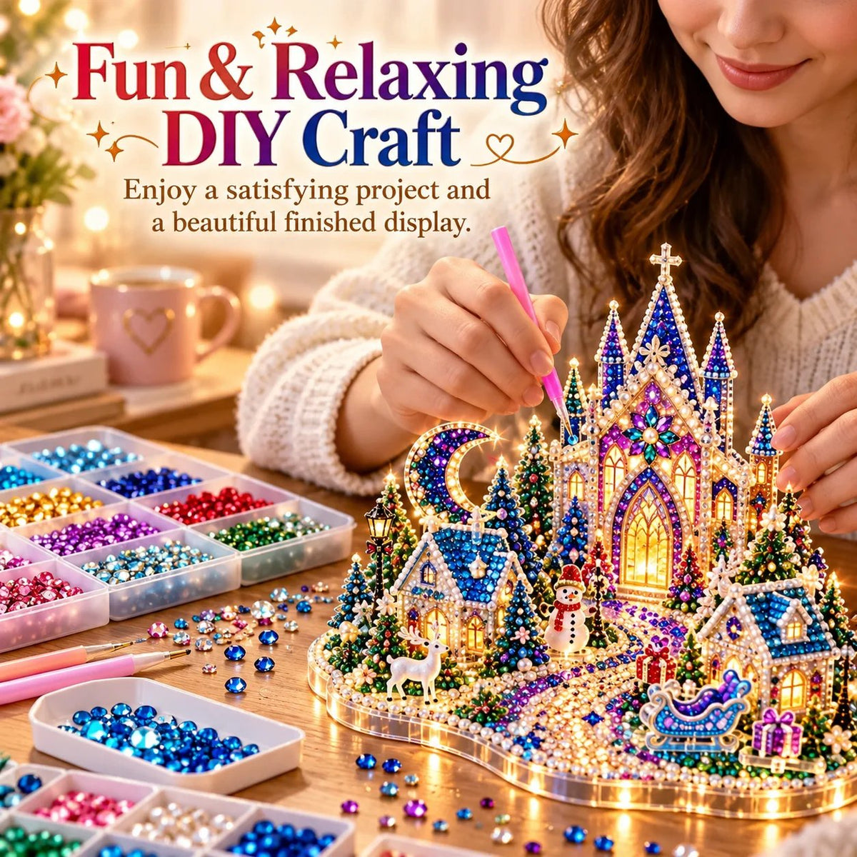 Woman creating a DIY crystal art miniature scene