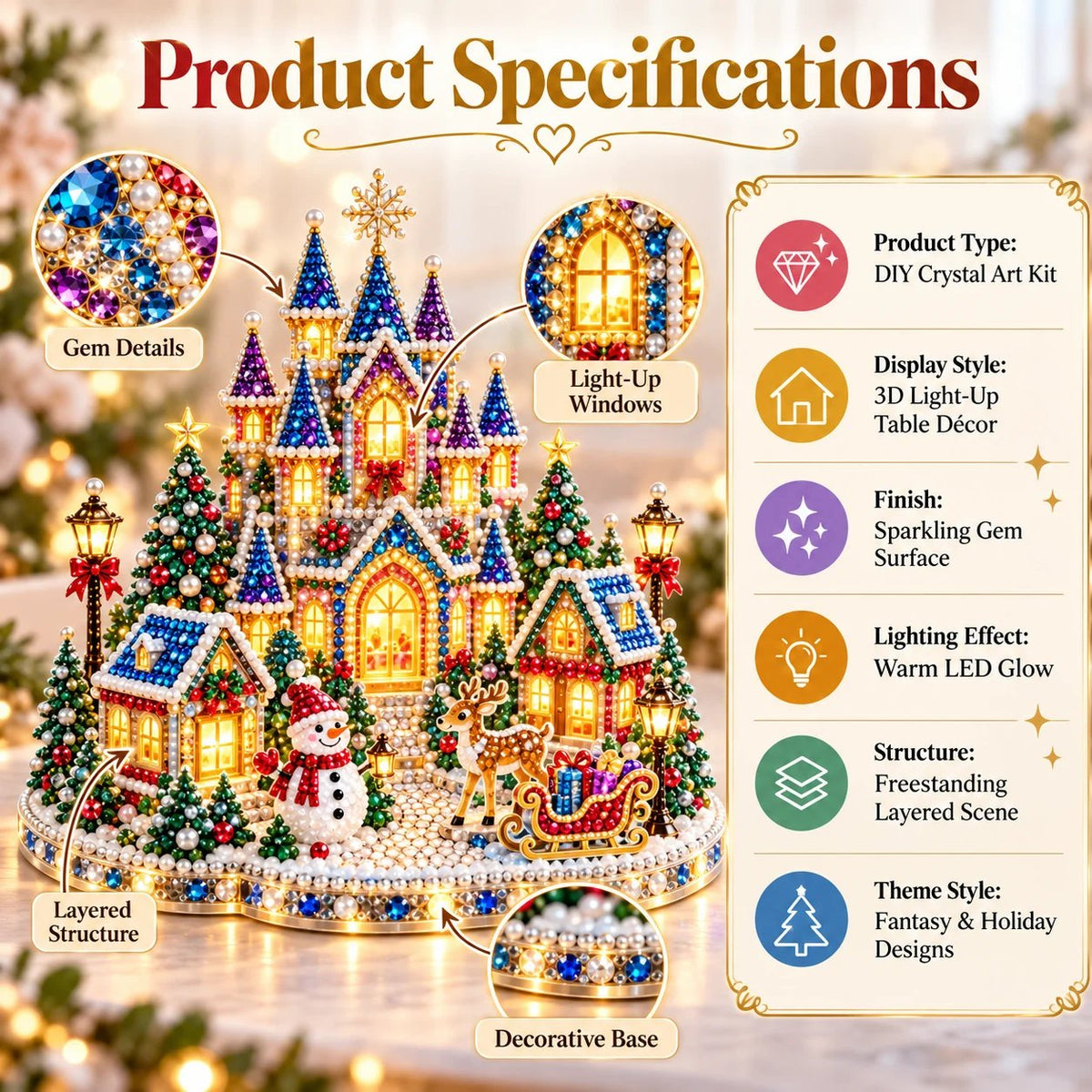 DIY crystal art kit product features including warm LED lighting and layered construction