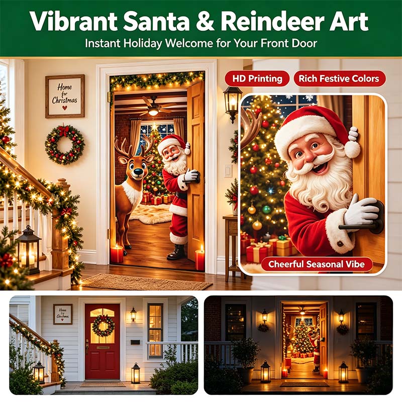 Christmas Door Cover - Stretch Fit Santa & Reindeer Door Decoration with 4-Side Elastic Edges🎅