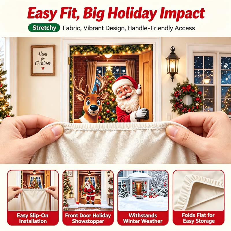 Christmas Door Cover - Stretch Fit Santa & Reindeer Door Decoration with 4-Side Elastic Edges🎅