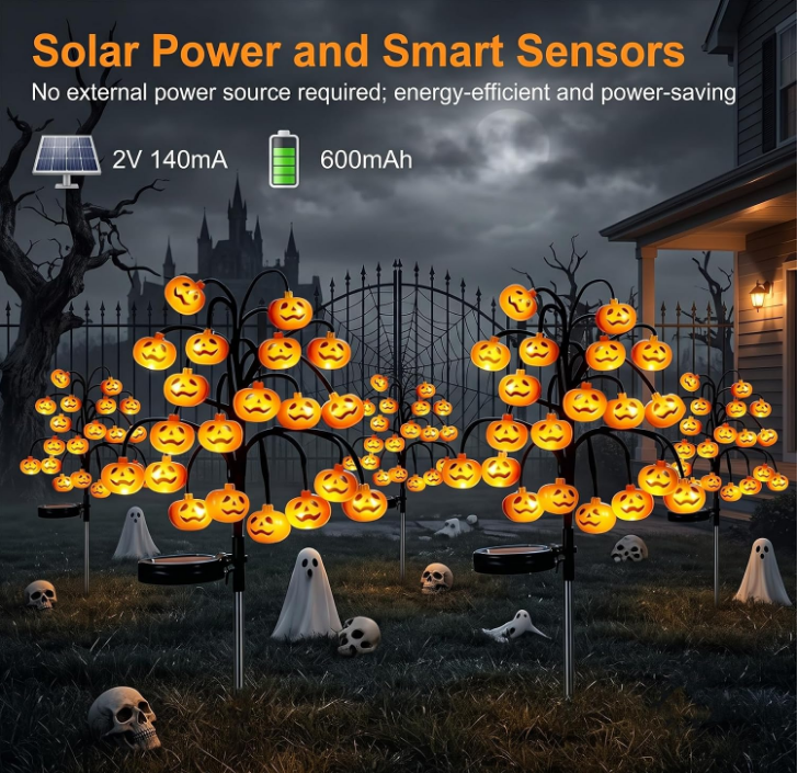 Solar Pumpkin Pathway Lights, Halloween Outdoor Garden Decor, IP65 Waterproof Solar Stake Lights with Steady & Flash Modes for Yard, Lawn, Walkway & Halloween Party
