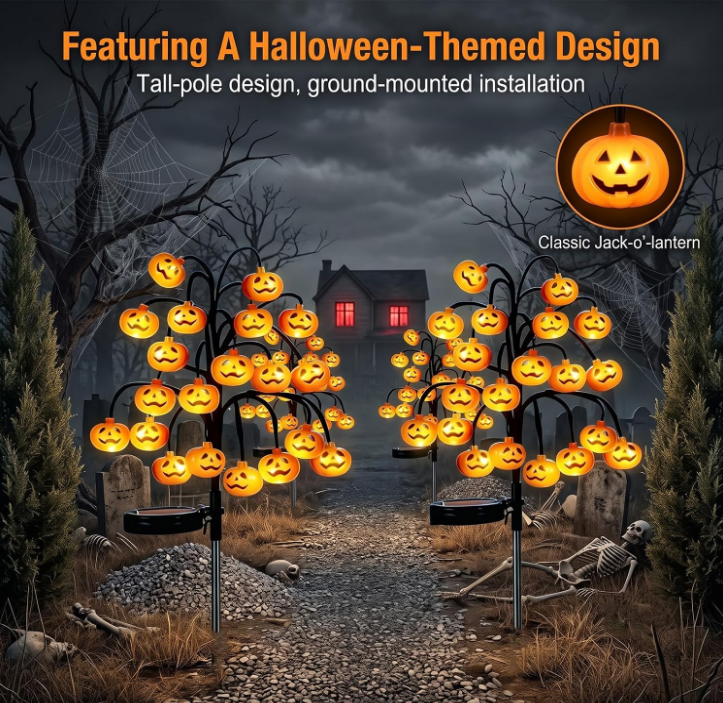 Solar Pumpkin Pathway Lights, Halloween Outdoor Garden Decor, IP65 Waterproof Solar Stake Lights with Steady & Flash Modes for Yard, Lawn, Walkway & Halloween Party