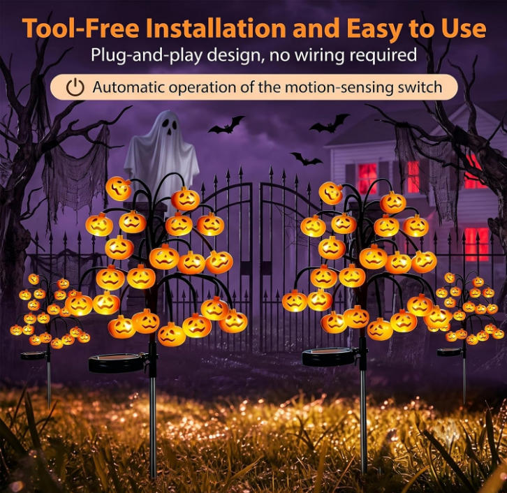 Solar Pumpkin Pathway Lights, Halloween Outdoor Garden Decor, IP65 Waterproof Solar Stake Lights with Steady & Flash Modes for Yard, Lawn, Walkway & Halloween Party