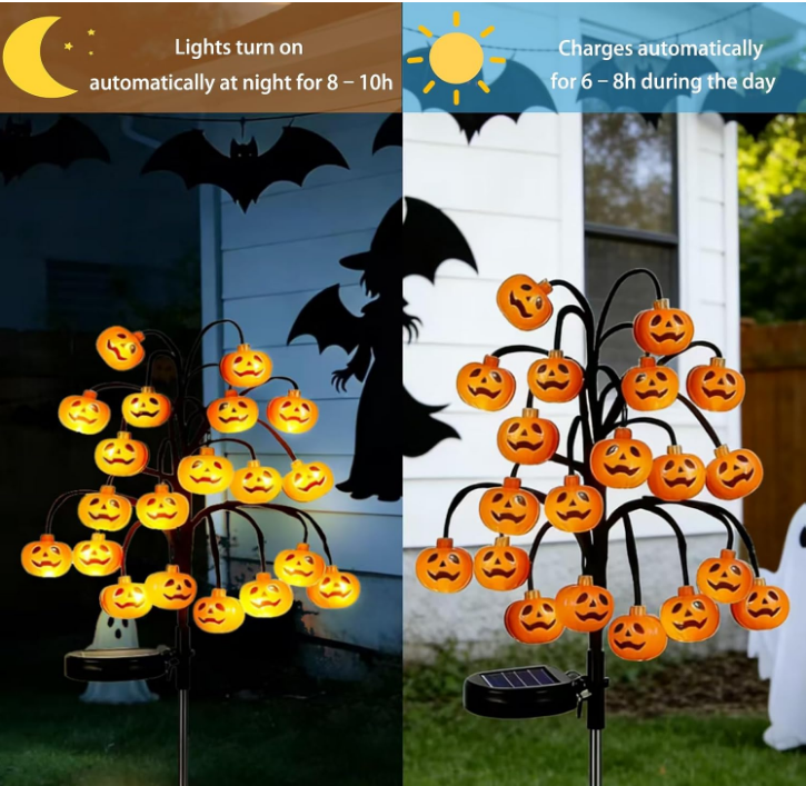 Solar Pumpkin Pathway Lights, Halloween Outdoor Garden Decor, IP65 Waterproof Solar Stake Lights with Steady & Flash Modes for Yard, Lawn, Walkway & Halloween Party