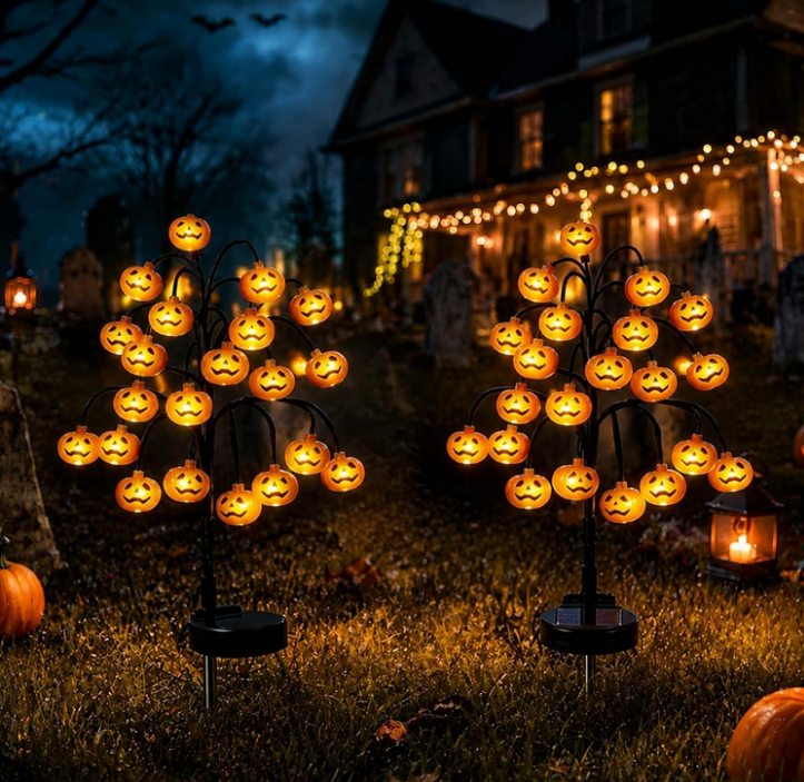 Solar Pumpkin Pathway Lights, Halloween Outdoor Garden Decor, IP65 Waterproof Solar Stake Lights with Steady & Flash Modes for Yard, Lawn, Walkway & Halloween Party