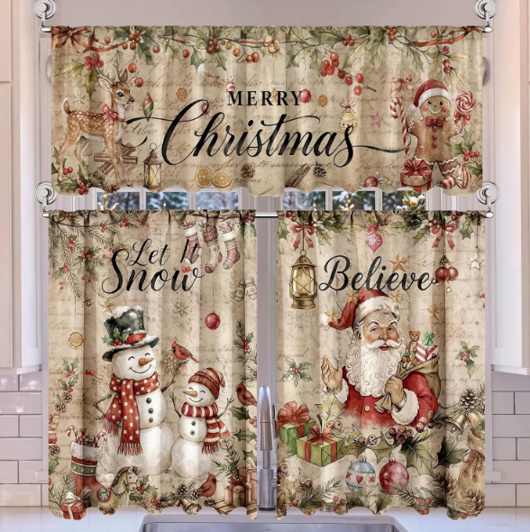 🎄Festive Christmas Kitchen Curtain Set – 3-Piece Holiday Window Decor🏡
