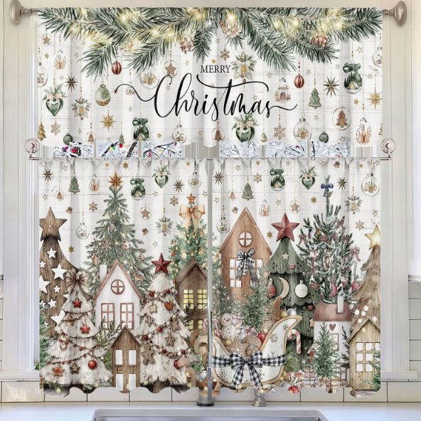 🎄Festive Christmas Kitchen Curtain Set – 3-Piece Holiday Window Decor🏡